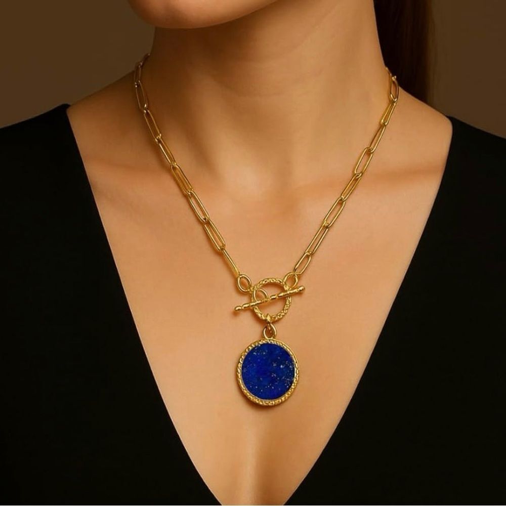 NEW 14k Gold Plated Lapis Lazuli Paperclip chain Necklace - Picture 2 of 3